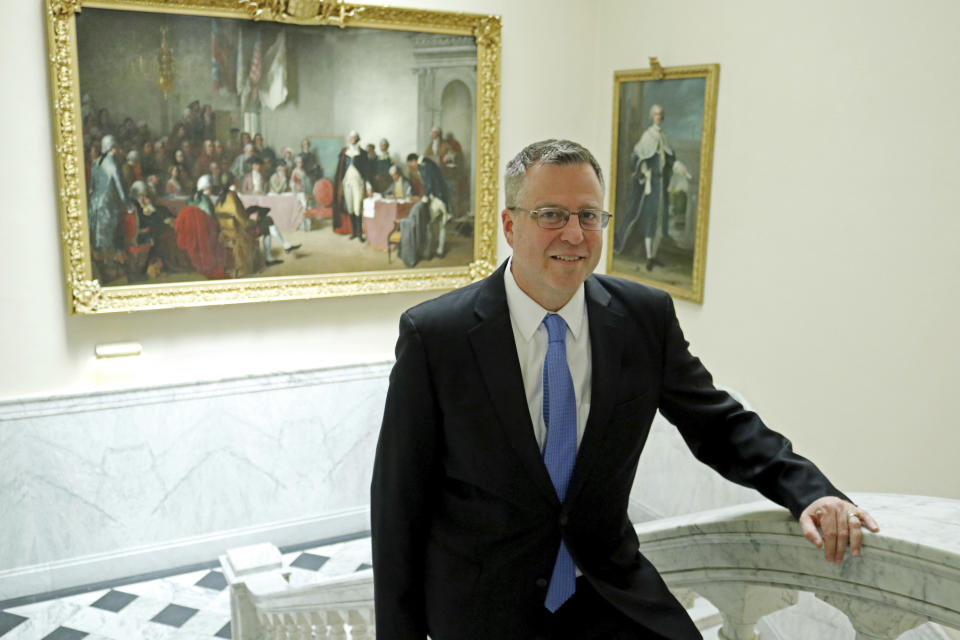 Republican Neil C. Parrott, a Maryland state legislator who is running for the state's 6th Congressional District seat, stands in the Maryland State House on April 4, 2022, in Annapolis, Md. Parrott faces incumbent Democratic U.S. Rep. David J. Trone on Nov. 8, 2022. (AP Photo/Brian Witte).