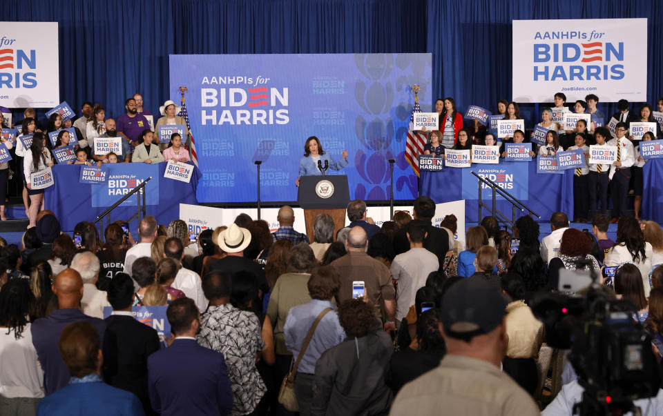 Vice President Kamala Harris speaks at a campaign rally Tuesday, July 9, 2024, in Las Vegas. Harris announced the launch of Asian American, Native Hawaiian, and Pacific Islanders (AANHPI) for Biden-Harris, a national program to mobilize AANHPI voters. (Steve Marcus/Las Vegas Sun via AP)