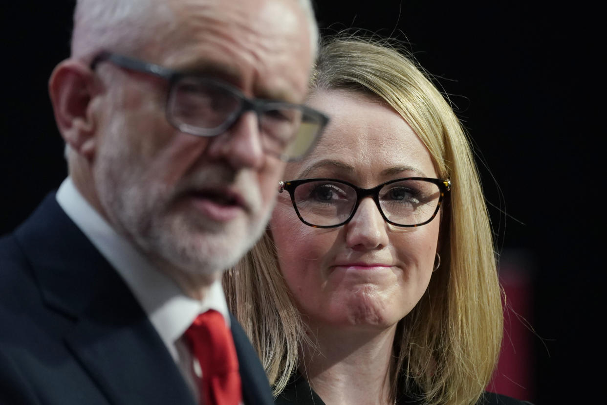 BIRMINGHAM, ENGLAND - NOVEMBER 21:  Shadow business secretary Rebecca Long-Bailey looks on as Labour leader Jeremy Corbyn speaks during the launch of the party's election manifesto at Birmingham City University on November 21, 2019 in Birmingham, England. (Photo by Christopher Furlong/Getty Images)