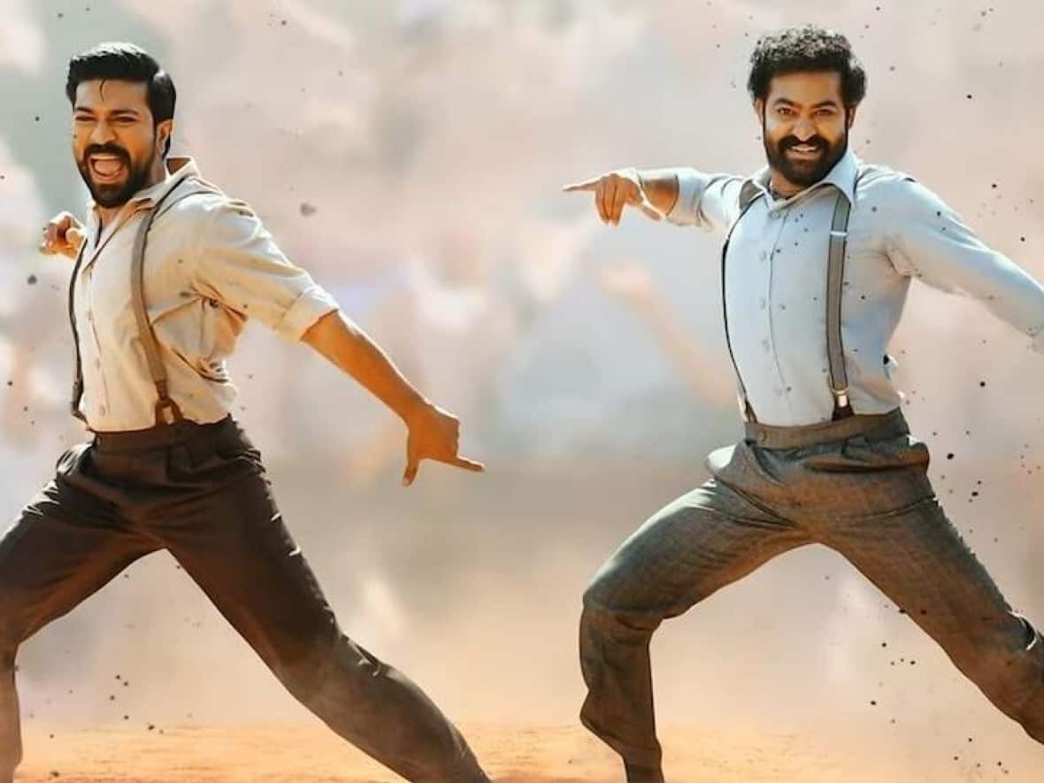 Ram Charan, left, and N.T. Rama Rao Jr. star in a scene from the Telugu-language blockbuster RRR, which has since been nominated for two Golden Globe Awards (it won for best original song), and could be a contender at the Oscars this year.   (DVV Entertainment - image credit)