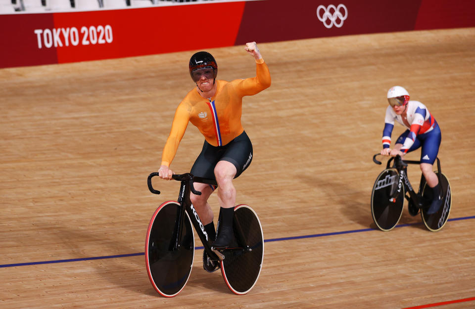 <p>IZU, JAPAN - AUGUST 03: Roy van den Berg of Team Netherlands celebrates winning a gold medal and setting a new Olympic record during the MenÂ´s team sprint finals, gold medal of the Track Cycling on day eleven of the Tokyo 2020 Olympic Games at Izu Velodrome on August 03, 2021 in Izu, Japan. (Photo by Tim de Waele/Getty Images)</p> 