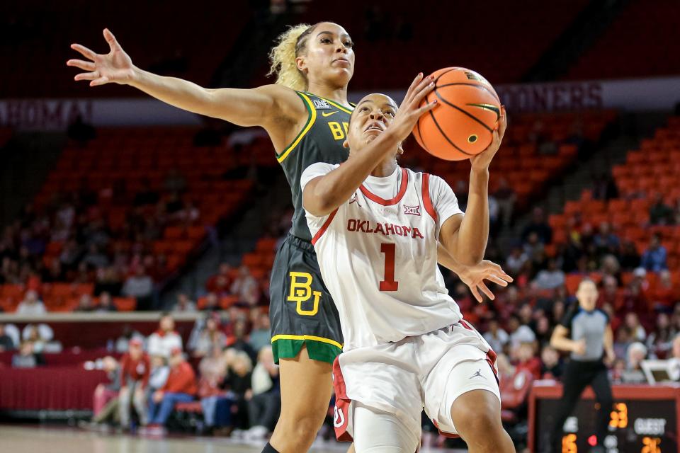 Oklahoma guard Nevaeh Tot (1) goes up to shoot and is blocked by Baylor guard Jaden Owens (10) in the second quarter during a women’s college basketball game between the Oklahoma Sooners (OU) and the Baylor Lady Bears at Lloyd Noble Center in Norman, Okla., Tuesday, Jan. 3, 2023.