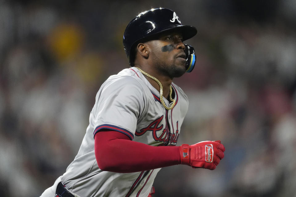 Atlanta Braves' Jorge Soler circles the bases after hitting a solo home run off Colorado Rockies relief pitcher Anthony Molina in the eighth inning of a baseball game Saturday, Aug. 10, 2024, in Denver. (AP Photo/David Zalubowski)