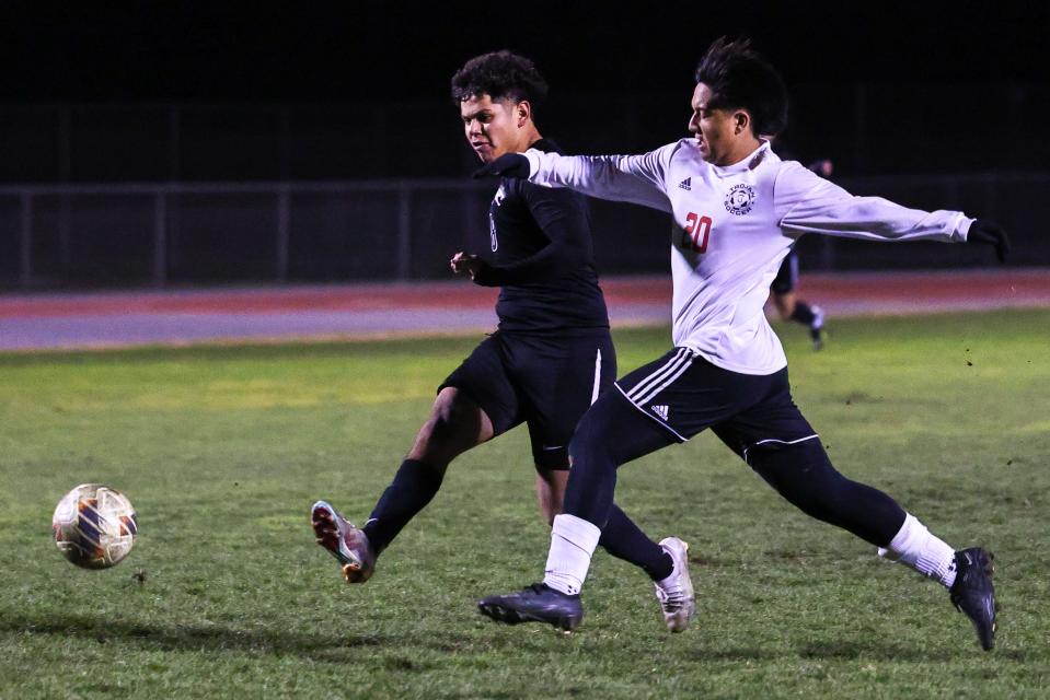 Weston Ranch striker Ricardo Velasquez gets off a shot during a home game against Lincoln High School in Stockton, CA