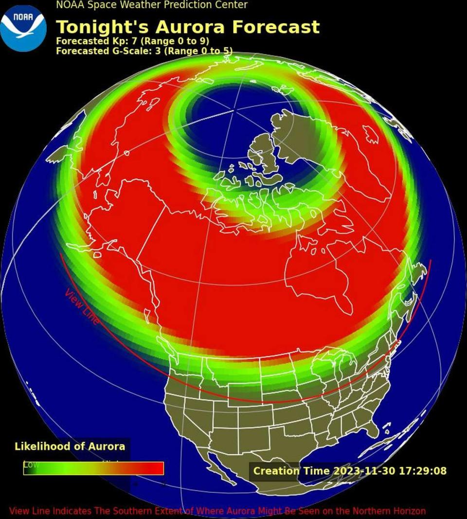 This model shows the aurora forecast for Nov. 30, 2023. The Space Weather Prediction Center suggests Pennsylvanians might be able to catch a glimpse of the northern lights.