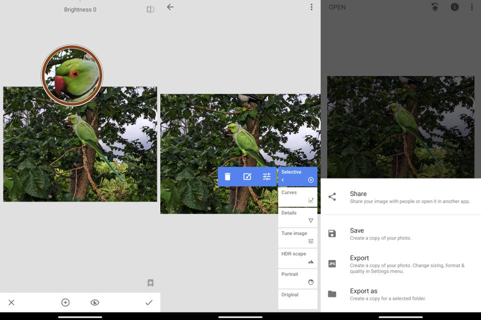 Google Snapseed UI screengrabs showing the various menus and edits