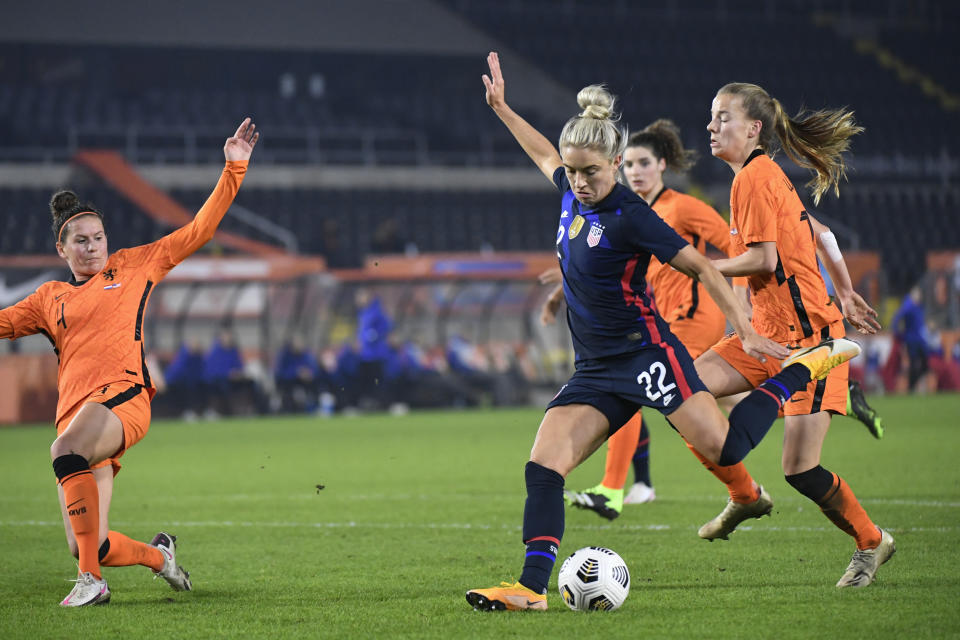 United States Kristie Mewis, number 22, scores her side's second goal during the international friendly women's soccer match between The Netherlands and the US at the Rat Verlegh stadium in Breda, southern Netherlands, Friday Nov. 27, 2020. (Piroschka van de Wouw/Pool via AP)