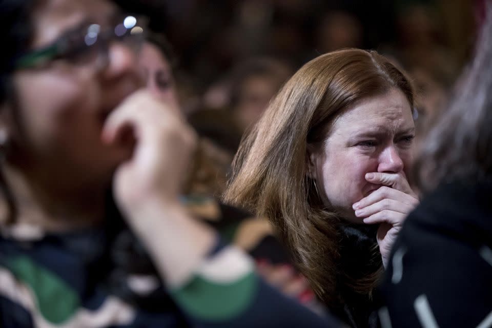 Hillary Clinton supporter responding to her loss to Donald Trump. Photo: AAP