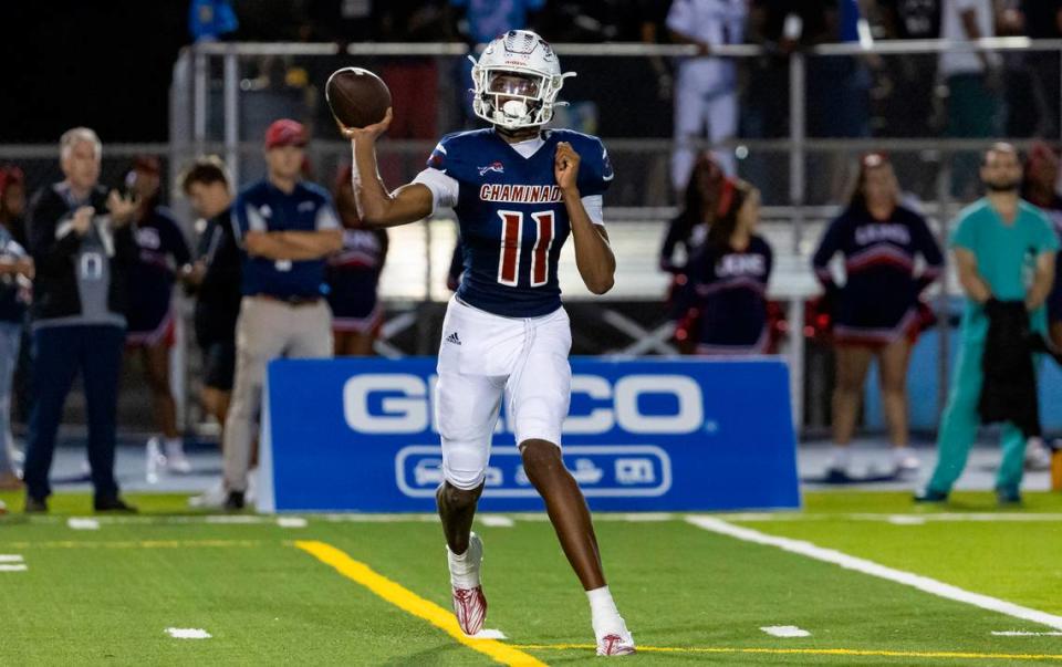 Chaminade-Madonna Lions quarterback Cedrick Bailey (11) looks to throw the pass against the Central Rockets in the second quarter of their high school football game at the Nathaniel Traz Powell Stadium on Thursday, Sept. 21, 2023, in Miami, Fla.