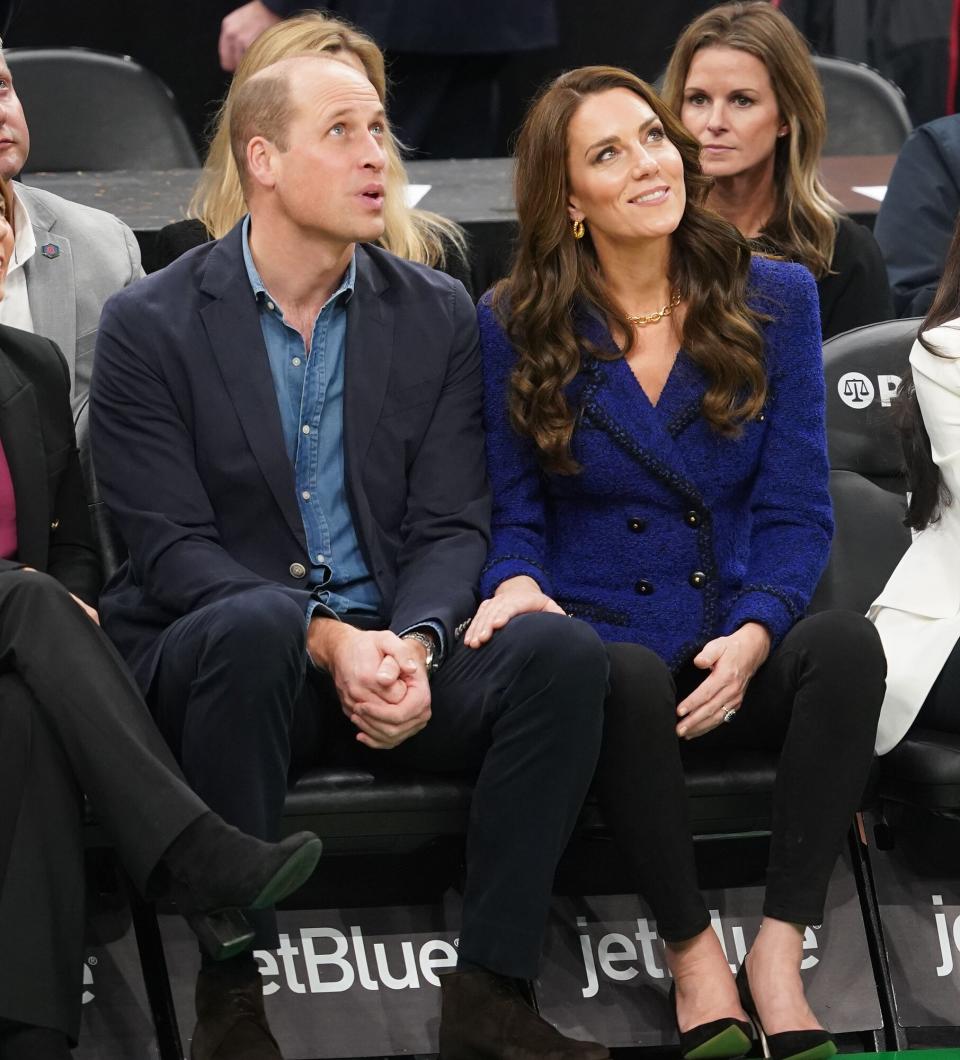 Prince William, Prince of Wales and Catherine, Princess of Wales, watch the NBA basketball game between the Boston Celtics and the Miami Heat at TD Garden on November 30, 2022 in Boston, Massachusetts. The Prince and Princess of Wales are visiting the coastal city of Boston to attend the second annual Earthshot Prize Awards Ceremony, an event which celebrates those whose work is helping to repair the planet. During their trip, which will last for three days, the royal couple will learn about the environmental challenges Boston faces as well as meeting those who are combating the effects of climate change in the area.