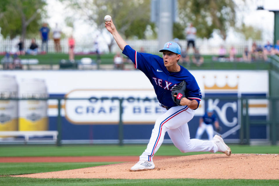 SURPRISE, AZ – MARCH 08: Jack Leiter #71 of the Texas Rangers pitches during a spring training game against the Kansas City Royals at Surprise Stadium on March 08, 2024 in Surprise, Arizona. (Photo by Bailey Orr/Texas Rangers/Getty Images)