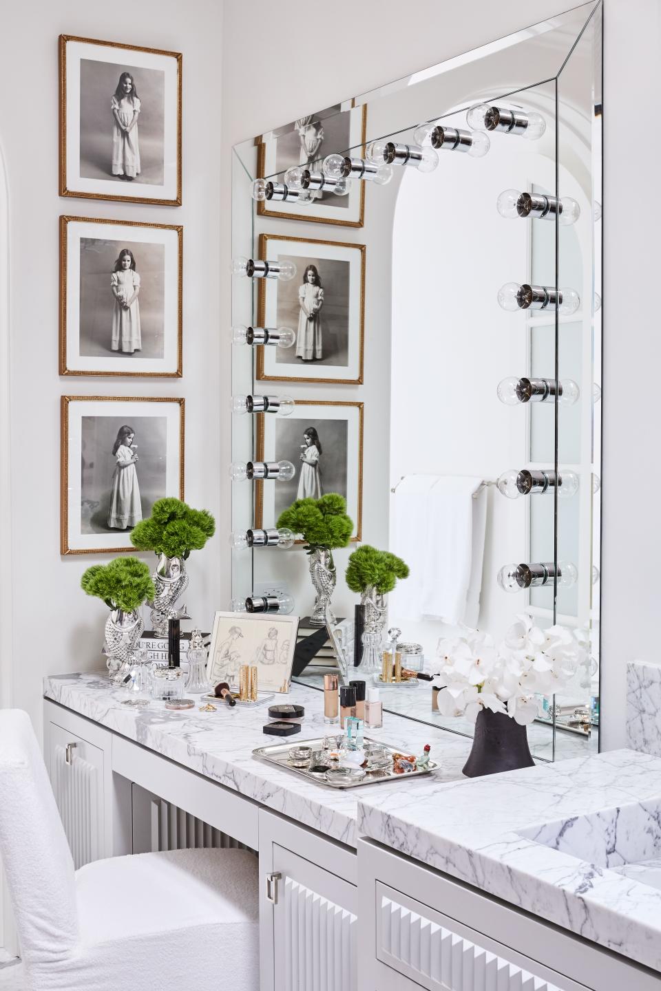 The vanity in Rivers’s glam area features some of her most favorite possessions, including a drawing her mother did of Melissa and her son Cooper sitting on the beach during a family vacation, and silver fish vases a friend brought her back from Portugal. The three black-and-white photos hanging on the wall are of Melissa when she was around four years old. “My father had asked their good friend, photographer Kenn Duncan, to take these. They were either a Mother’s Day or birthday gift from my father to my mother.”