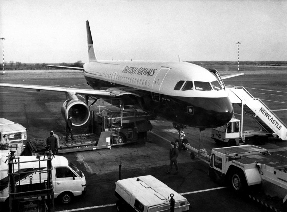 A British Airways Airbus A320 parked on the apron at Newcastle Airport in February 1989.