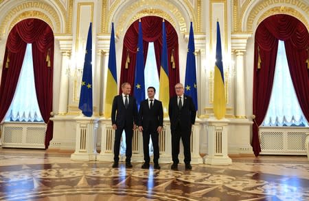 Ukraine's President Volodymyr Zelenskiy meets with European Council President Donald Tusk and European Commission President Jean-Claude Juncker in Kiev