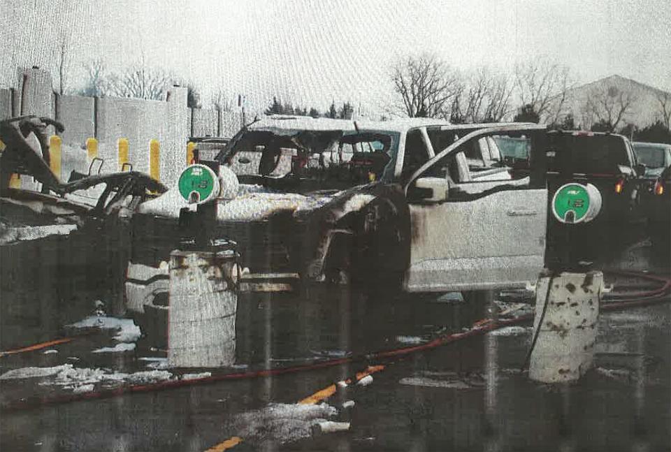 Images of the February battery fire damage to all-electric Ford F-150 pickup trucks in a Dearborn holding lot. Dearborn police and fire personnel responded to the incident, which involved three electric vehicles and no injuries and resulted in a five-week production shutdown.