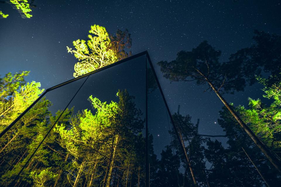 Nighttime exterior of the Bolt Farms Invisible Cabins