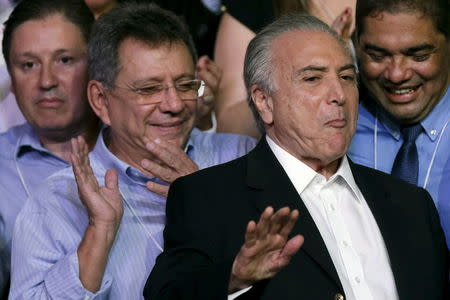 Brazil's Vice President Michel Temer (2nd R) gestures during the Brazilian Democratic Movement Party (PMDB) national convention in Brasilia, Brazil, March 12, 2016. REUTERS/Ueslei Marcelino