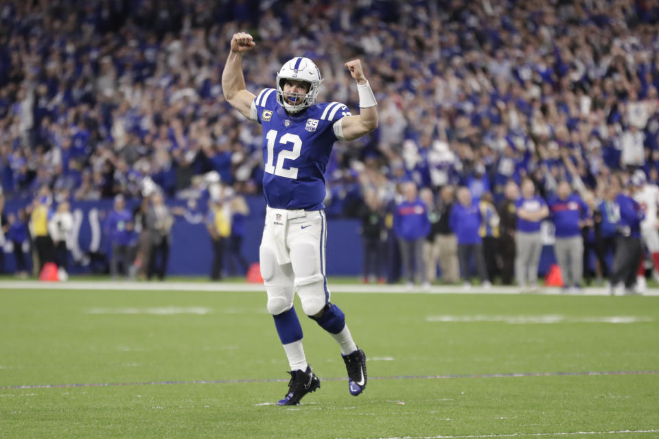 Indianapolis Colts quarterback Andrew Luck (12) celebrates a game-winning touchdown during the second half of an NFL football game against the New York Giants in Indianapolis, Sunday, Dec. 23, 2018. The Colts defeated the Giants 28-27. (AP Photo/Michael Conroy)