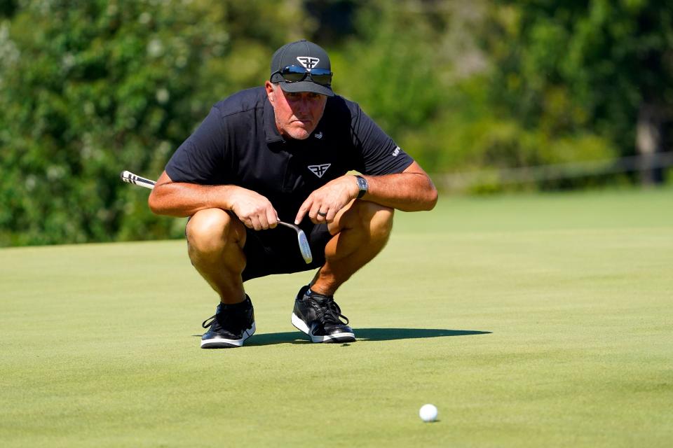 Phil Mickelson on the ninth green during the final round of the LIV Golf Bedminster golf tournament.