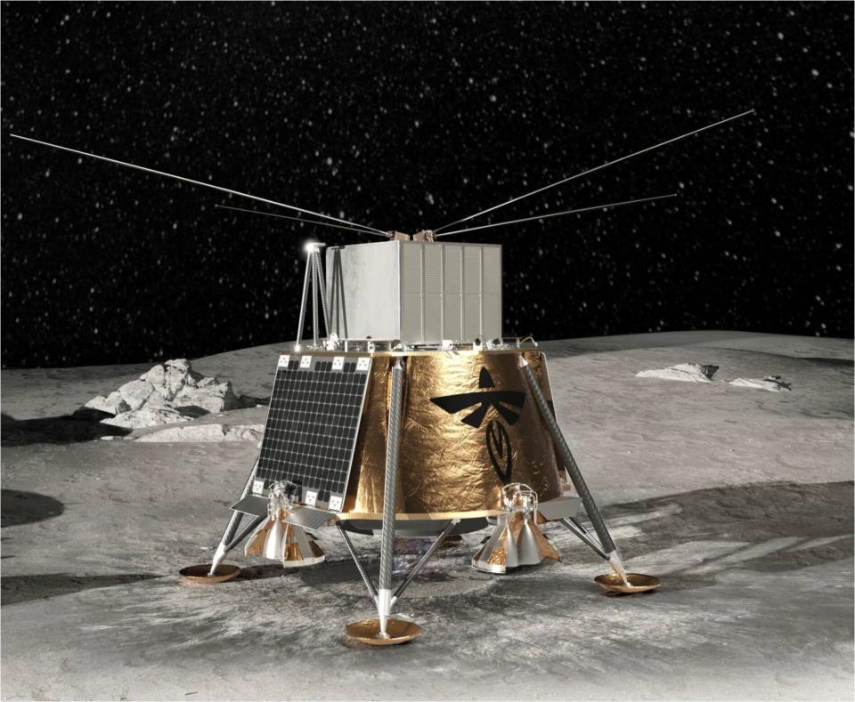 A cube-shaped spacecraft covered with gold leaf on the surface of the moon