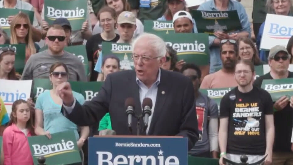Bernie Sanders speaks at a rally in Montpelier, Vt., on Saturday. (C-SPAN via YouTube)