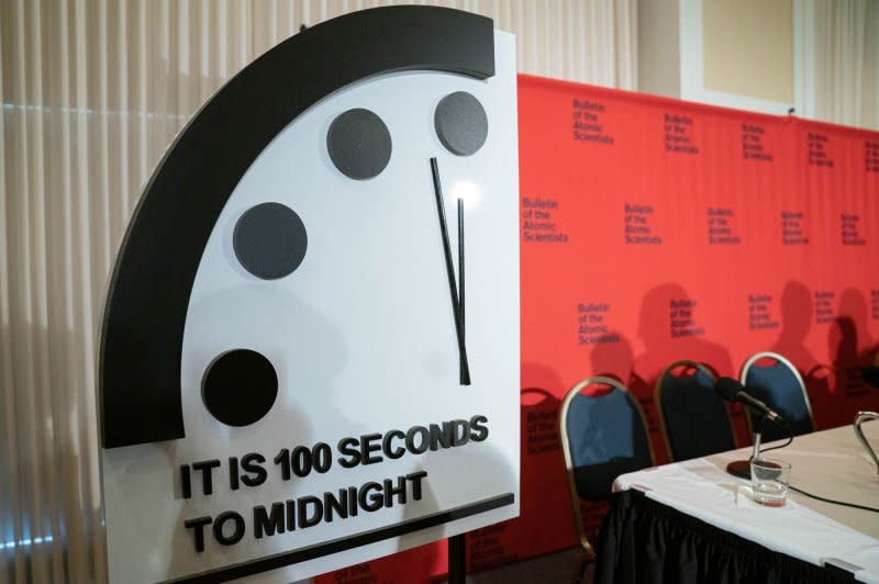 The National Press Club in Washington, D.C., conducted a panel discussion about the so-called Doomsday Clock in 2020. Citing "ominous trends," the group behind the symbolic clock on Tuesday said it remains set at 90 seconds before midnight. File Photo by Ken Cedeno/UPI