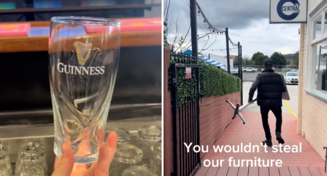 Left image of a Guinness glass. Right image of the Central Hotel outside with person pretending to steal furniture.