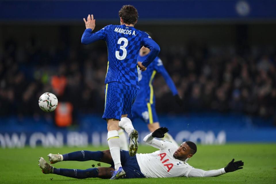 Marcos Alonso dribbles past Emerson Royal (Tottenham Hotspur FC via Getty I)