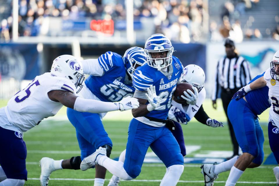 Memphis Tigers Asa Martin (28) rushes toward the end zone against North Alabama at Simmons Bank Liberty Stadium on Nov. 19, 2022 in Memphis.