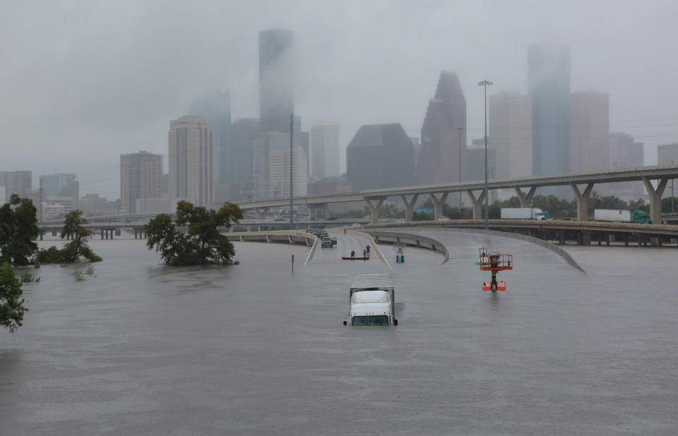 Interstate 45 is submerged from the effects of Hurricane Harvey seen during widespread flooding in Houston on Aug. 27, 2017.