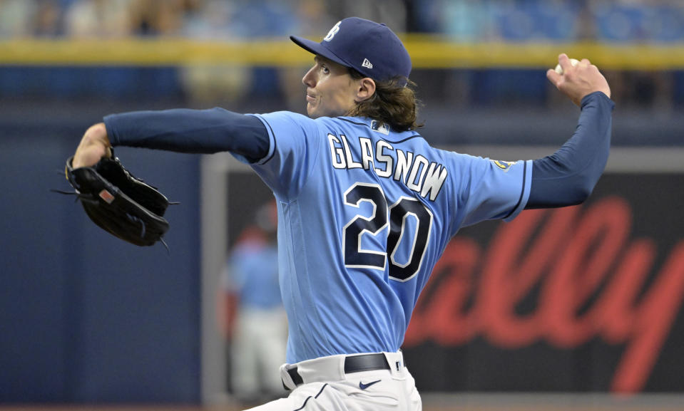 Tampa Bay Rays starter Tyler Glasnow pitches against the Kansas City Royals during the first inning of a baseball game, Sunday, June 25, 2023, in St. Petersburg, Fla. (AP Photo/Steve Nesius)