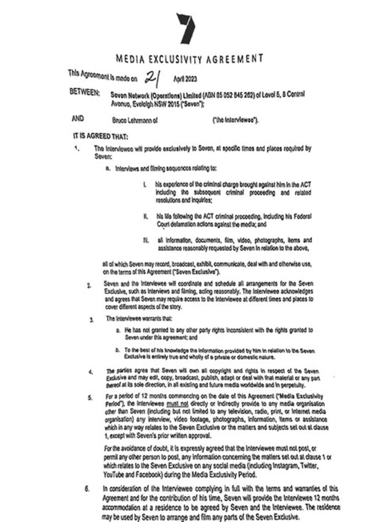 Assignment Freelance Picture A copy of Bruce Lehrmann's agreement with Channel 7. Picture: Supplied.