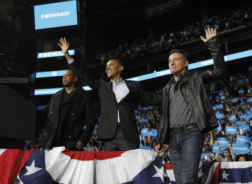 Barack Obama, center, with Jay-Z, left, and Bruce Springsteen