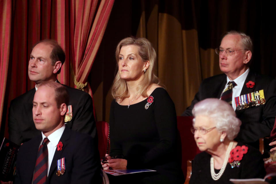 LONDON, ENGLAND - NOVEMBER 09: Queen Elizabeth II (R), with (L-R) Prince Edward, Earl of Wessex, Prince William, Duke of Cambridge, Sophie, Countess of Wessex attend the annual Royal British Legion Festival of Remembrance at the Royal Albert Hall on November 09, 2019 in London, England. (Photo by Chris Jackson/- WPA Pool/Getty Images)