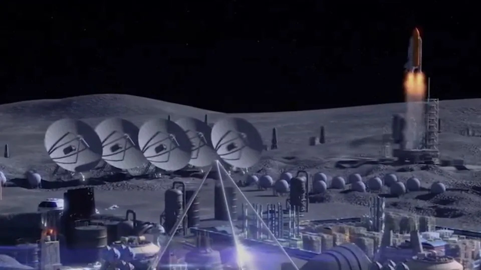 an illustration of an expansive moon base featuring several different structures, vehicles and many solar panels