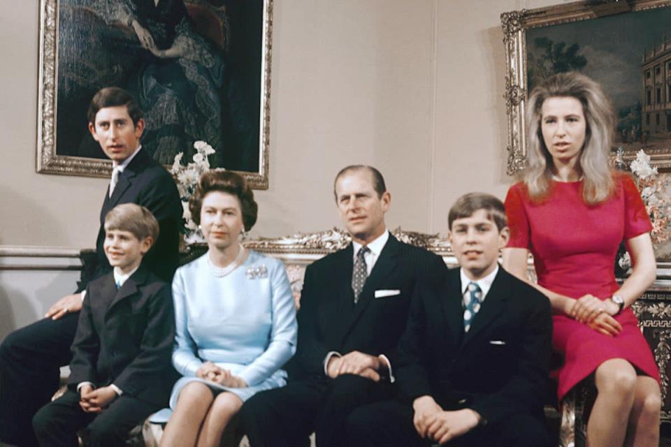 Prince Charles, Prince Edward, the Queen, the Duke of Edinburgh, Prince Andrew and Princess Anne at Buckingham Palace in 197 (PA Archives)
