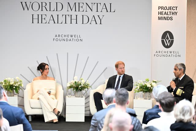 <p>Evan Agostini/Invision/AP</p> Meghan, Duchess of Sussex, from left, Britain's Prince Harry, The Duke of Sussex, and Dr. Vivek Murthy, U.S. Surgeon General, participate in The Archewell Foundation Parents' Summit "Mental Wellness in the Digital Age" as part of Project Healthy Minds' World Mental Health Day Festival on Tuesday, Oct. 10, 2023
