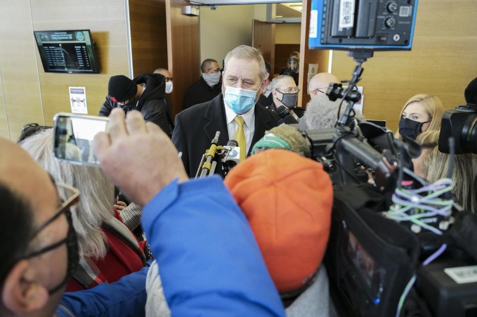 Ohio Attorney General Dave Yost speaks with members of the media following the initial appearance of former Columbus police officer Adam Coy on Friday, Feb. 5, 2021 at the Franklin County Common Pleas Courthouse in Columbus, Ohio. Coy was arraigned on four charges in the December 2020 police shooting death of Andre Hill, a Black man. Coy was charged with one count of murder, one count of felonious assault and two counts of dereliction of duty, one of which was for failure to render aid to Hill after he was shot. His bond was set at $3 million. Yost’s office was appointed special prosecutor in the case.