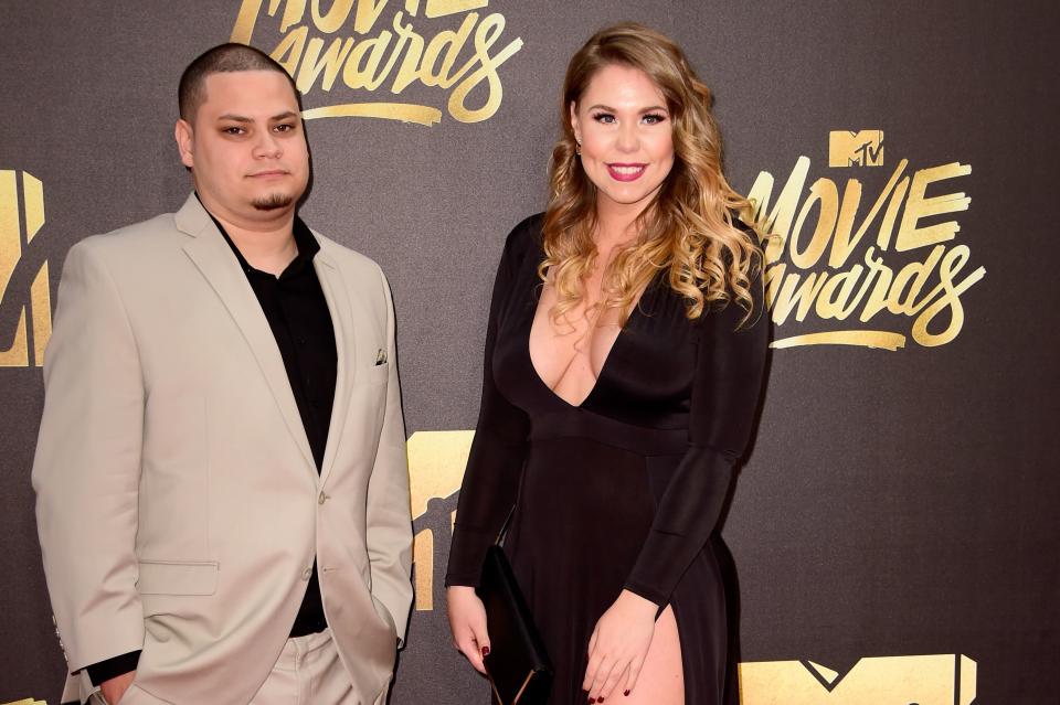 Jo Rivera sports a well tailored creme color suit beside his ex-girlfriend, Kailyn Lowry in a black long-sleeve dress