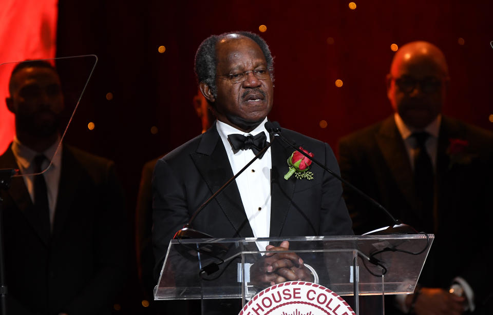 ATLANTA, GEORGIA - FEBRUARY 15:  Adebayo Ogunlesi speaks onstage during Morehouse College 32nd Annual 