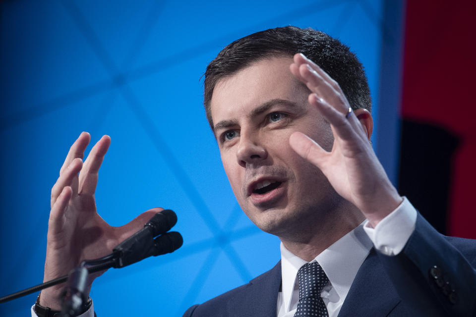 Democratic presidential candidate former South Bend, Ind., Mayor Pete Buttigieg, speaks at the ​U.S. Conference of Mayors' Winter Meeting, Thursday, Jan. 23, 2020, in Washington. (AP Photo/Cliff Owen)