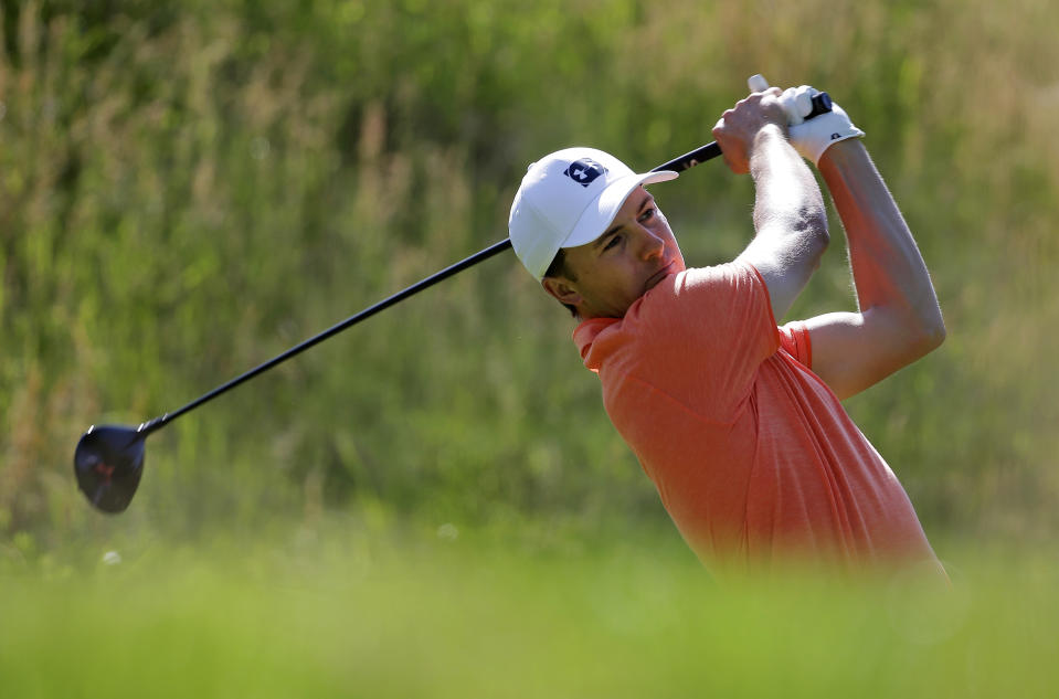 Jordan Spieth drives off the fourth tee during the third round of the PGA Championship golf tournament, Saturday, May 18, 2019, at Bethpage Black in Farmingdale, N.Y. (AP Photo/Seth Wenig)