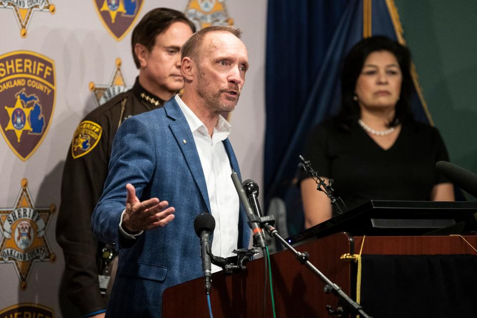 Oakland County Executive David Coulter speaks at a press conference regarding the threats to school following the Oxford High School shooting at Oakland County Sheriff Office in Pontiac on Dec. 2, 2021.