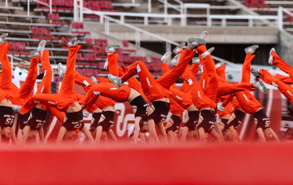 Skyridge High School’s drill team performs during half time at the 6A football state championship against Corner Canyon High School at Rice-Eccles Stadium in Salt Lake City on Friday, Nov. 17, 2023. | Megan Nielsen, Deseret News