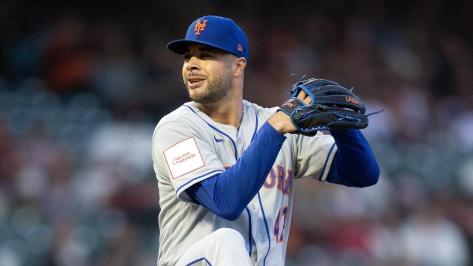 Apr 21, 2023; San Francisco, California, USA; New York Mets starting pitcher Joey Lucchesi (47) delivers a pitch against the San Francisco Giants during the first inning at Oracle Park.