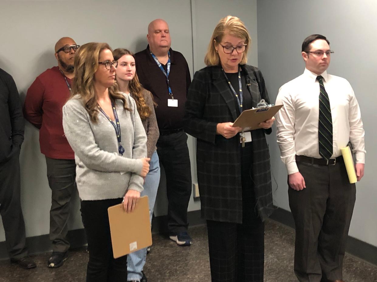 St. Joseph County Clerk Amy Rolfes talks Friday, Feb. 2, 2024, about recent presidential ballot petitions that her office questioned, with Chief Deputy Clerk of Elections Trisha Carrico, left, and county election staff.