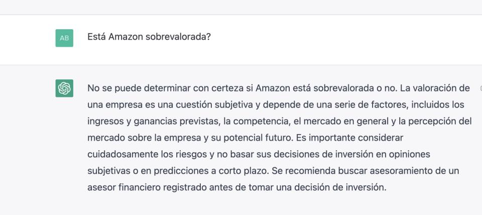 Respuesta de ChatGPT a una valoración de Amazon como inversión. 