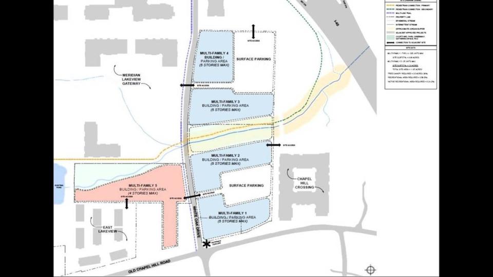 A concept plan for Old Chapel Hill Apartments covers more land and has more buildings than a previous concept plan called White Oak. The number of apartments and townhouses is about the same.