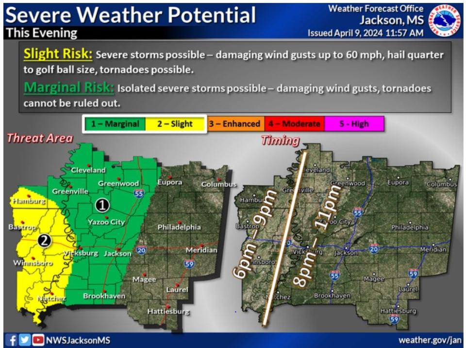 The National Weather Service in Jackson issued a tornado warning for parts of Central Mississippi until 8:45 p.m. on Tuesday, April 9, 2024.