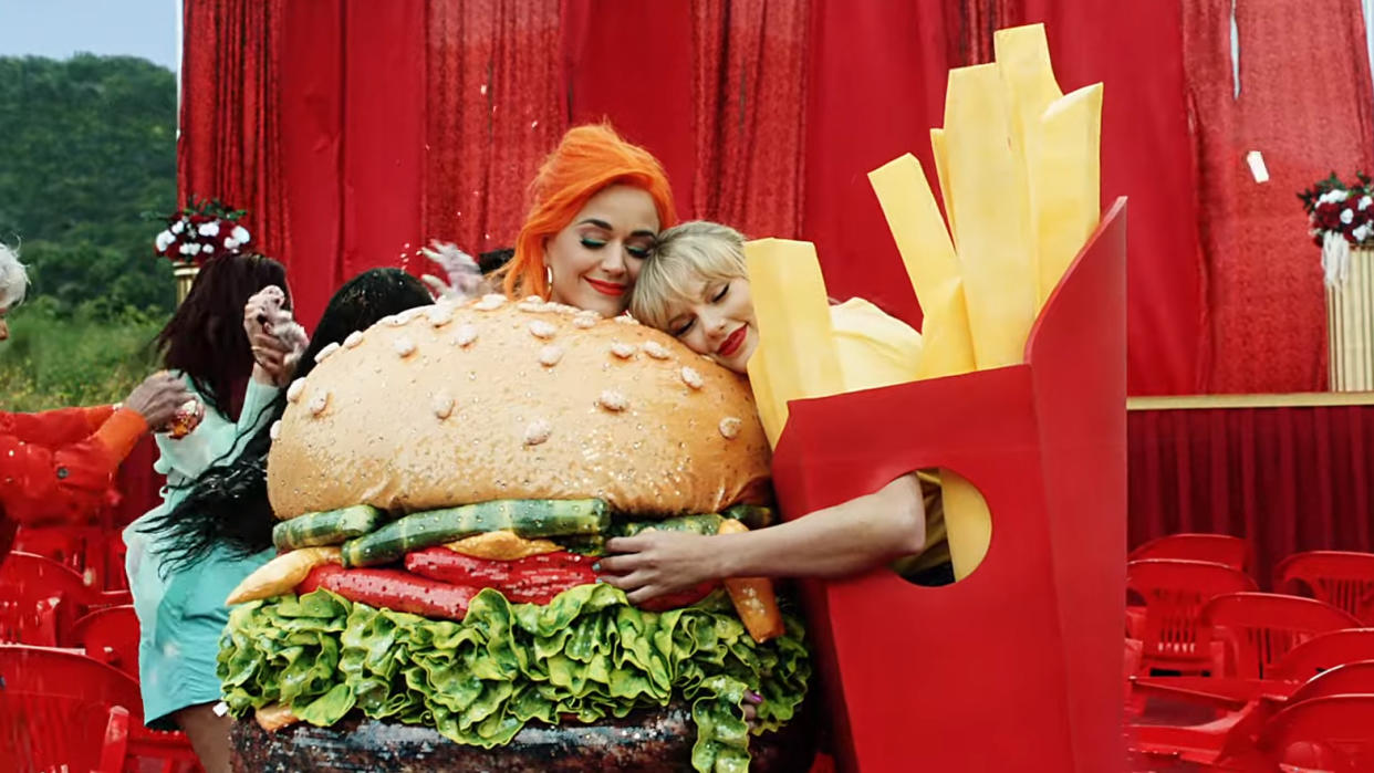 Katy Perry and Taylor Swift bury their showbiz feud in the music video for Swift's new single 'You Need to Calm Down'. (Credit: YouTube)